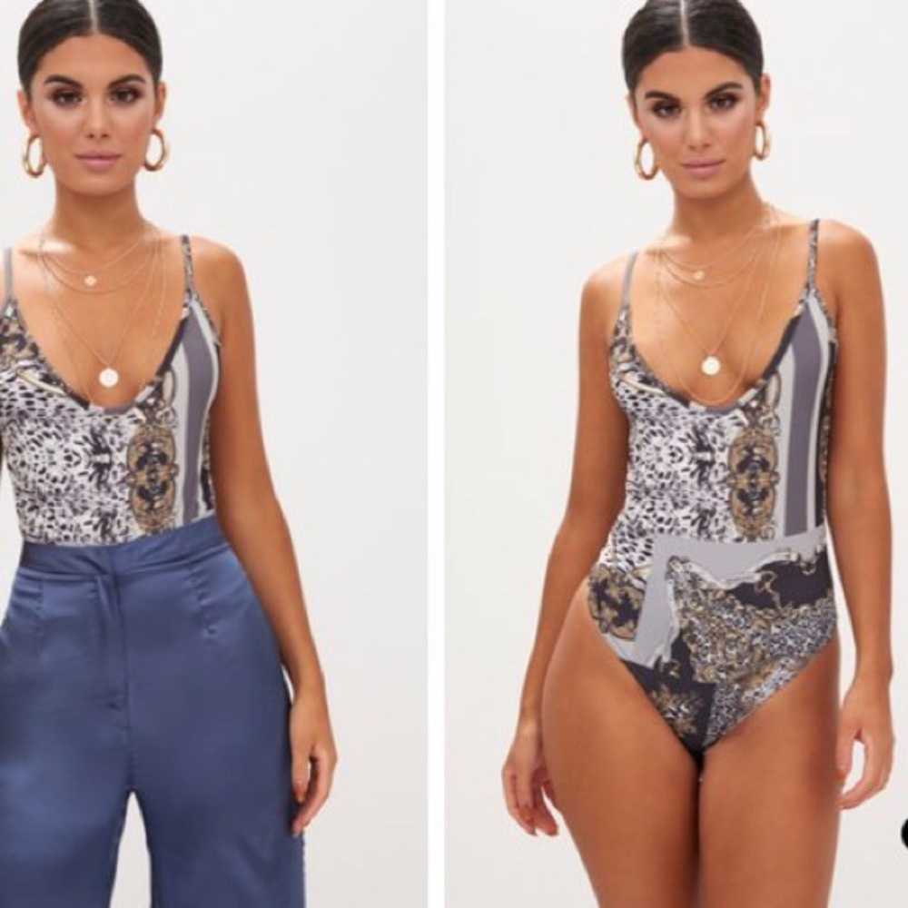 Black Chain Print Deep Scoop Bodysuit